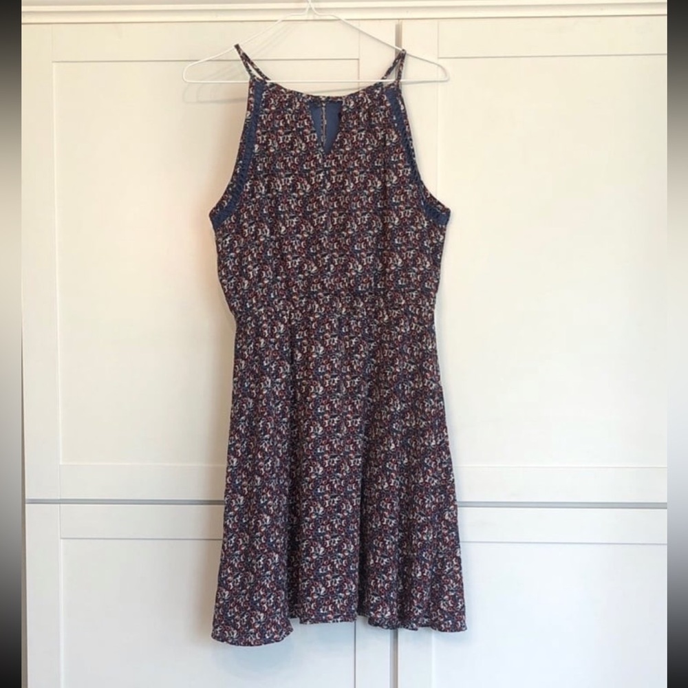 Blue Rain - Medium - High Neck Top - Floral MIDI A-Line Dress